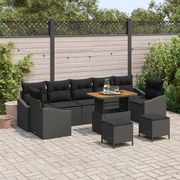 Conjunto de Sofá de Jardim de 10 Peças com Almofadas Preto Rattan Poliéster Acácia