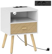 HOMCOM Mesa de Cabeceira com Estação de Carregamento Gaveta 2 Tomadas AC Porta USB e Tipo-C 40x35x54,7 cm Branco | Aosom Portugal