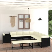 12 pcs conjunto lounge de jardim c/ almofadões vime PE preto