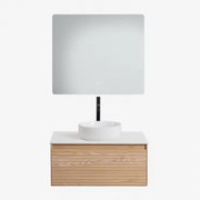 Conjunto De Móvel De Casa De Banho Suspenso 80x50 Cm Em Madeira De Freixo Tedrik Castanho Fresno & Cerâmica Redonda Branca Ø40 Cm - Sklum