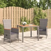 vidaXL 3 pcs conjunto de jantar p/ jardim c/ almofadões vime PE cinza