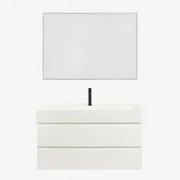 Conjunto De Móvel De Casa De Banho Suspenso Em Madeira E Folha De Freixo Com Lavatório Integrado Ona Branco & Led Retangular - Sklum
