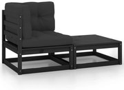 2 pcs conjunto lounge jardim c/ almofadões pinho maciço preto