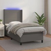 Cama box spring c/ colchão/LED 100x200cm couro artificial cinza