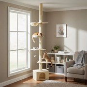 Arranhador para gatos, ajustável em altura 45 x 30 x (231-291) cm, com vários níveis e caverna bege