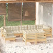 9 pcs conjunto lounge jardim c/ almofadões creme pinho maciço