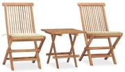vidaXL 3 pcs conj. jantar dobrável exterior c/ almofadão teca maciça