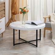 mesa de Centro Mesa de Sala de Estar Redonda com Bancada Similar ao Mármore e Estrutura de Metal para Escritório Estilo Moderno 80x80x45cm Branco e Pr