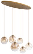 Candeeiro suspenso Art Deco latão com placa de teto oval e vidro âmbar 6 luzes - Douglass