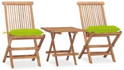 vidaXL 3 pcs conj. jantar dobrável exterior c/ almofadão teca maciça