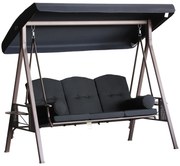 Outsunny Banco Baloiço Jardim 3 Lugares Teto Ajustável 2 Almofadas Suporte Bebidas Confortável 207x1205x174 cm Preto | Aosom Portugal