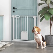 Barreira de segurança para animais com porta de fecho automático e sistema de duplo bloqueio, em aço branco