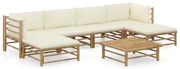 7 pcs conj. lounge p/ jardim em bambu c/ almofadões branco nata