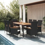 vidaXL 9 pcs conjunto de jantar p/ jardim c/ almofadões vime PE preto