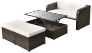 4 pcs conjunto lounge jardim c/ almofadões vime PE castanho