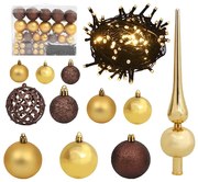 vidaXL Conj. de bolas de natal 60pcs c/ pico e 150 LEDs dourado/bronze