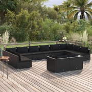 vidaXL 12 pcs conjunto lounge de jardim c/ almofadões vime PE preto