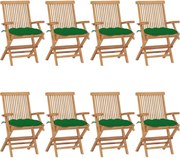 vidaXL Cadeiras de jardim c/ almofadões verdes 8 pcs teca maciça