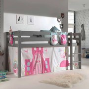 Conjunto Cama alta de Criança PINO 90 x 200 cm + estrado + escada + cortina + 3 Bolsas Princesa Cinzenta
