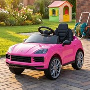 Carro elétrico para Crianças 2 a 5 anos 12V Porsche Cayenne, Rodas de espuma EVA, Controlo Remoto, assento Couro ecológico preto Rosa
