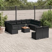 vidaXL 12 pcs conjunto de sofás de jardim c/ almofadões vime PE preto