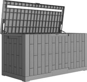 Outsunny Baú de Armazenamento Exterior 379 L Trancável com Pistão a Gás, Efeito Madeira, 122,5x56x62cm, Marrom Café | Aosom Portugal
