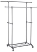 SONGMICS Cabideiro Duplo para Roupas, Extensível, de 87 a 150 cm, com Rodas e Prateleira, Estrutura Resistente, Carga Estática Máxima de 70 kg, para Lenços e Roupas, Cinza LLR13GY