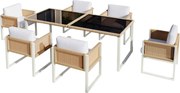 Conjunto de jantar em polyrattan para 6 pessoas, tampo de vidro temperado, capas removíveis e laváveis, Castanho+Branco| AOSOM Portugal