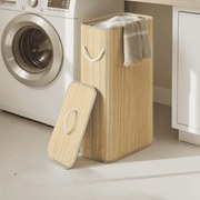 Cesto para roupa suja 60 L,  40 x 22 x 70 cm em bambu com tampa e saco removível natural