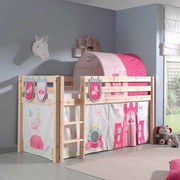 Conjunto Cama alta de Criança PINO 90 x 200 cm + estrado + escada + cortina + 3 bolsas + túnel Princesa Natural