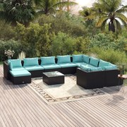 vidaXL 11 pcs conjunto lounge de jardim c/ almofadões vime PE preto
