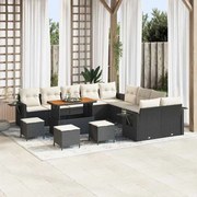vidaXL Conjunto de sofá de jardim com 14 peças, almofadas em rattan preto, poliéster e acácia.