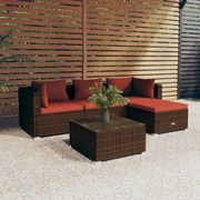 vidaXL 5 pcs conjunto lounge jardim c/ almofadões vime PE castanho