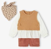 Conjunto 3 peças camisola 2 em 1 + calções + lenço para bebé terracota