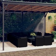 vidaXL 14 pcs conjunto lounge de jardim c/ almofadões vime PE preto