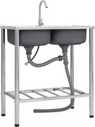 vidaXL Lava-louça de campismo duplo com torneira aço inoxidável