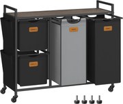 Cesto de roupa suja VASAGLE com 4 compartimentos, separador de roupa suja de 150 L, carrinho de roupa suja com rodinhas e prateleiras, forros removíveis, 6 etiquetas, marrom castanho, preto escuro e cinza pombo BLH203B01