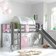 Conjunto Cama alta de Criança PINO 90 x 200 cm + estrado + escada + escorrega + tunel + cortina + bolsas de arrumação Passaros Cinzenta