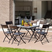 Conjunto de Mesa Cadeiras Móveis Dobrável Vime para Jardím Exterior Pátio Terraço 7 Pcs Aço - Cor Castanho - 61x46x84cm