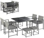 Outsunny Conjunto de Móveis de Jardim de Vime de 9 Peças com Mesa com Vidro Temperado 4 Cadeiras 4 Bancos Cinzento | Aosom Portugal