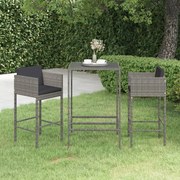 vidaXL 3 pcs conjunto de bar p/ jardim c/ almofadões vime PE cinzento