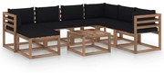 8 pcs conjunto lounge de jardim com almofadões pretos