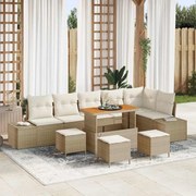 vidaXL Conjunto de Sofá de Jardim de 10 Peças com Almofadas Bejes em Rattan Poliéster e Madeira de Acácia