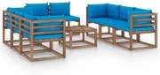 9 pcs conjunto lounge para jardim com almofadões azul-claro