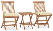 vidaXL 3 pcs conj. jantar dobrável exterior c/ almofadão teca maciça