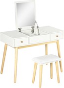 HOMCOM Conjunto de penteadeira com banqueta espelho rebatível estilo escandinavo 2 gavetas 100 x 45 x 118 cm, branco | Aosom Portugal