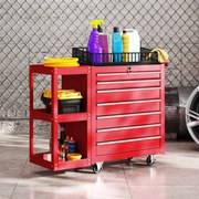 Carrinho de Ferramentas 96x33,5x75 cm com 7 Gavetas Estante de 3 Níveis Removível Sistema de Fecho Central Asa 2 Rodas com Travão Vermelho