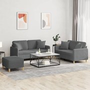 3 pcs conjunto de sofás com almofadas tecido cinzento-escuro