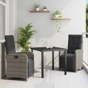 vidaXL Conjunto de Jantar para o Jardim em 3 Peças da com Almofadas Cinzas em Poliratan.