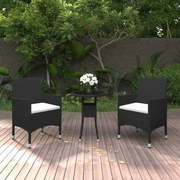 3 pcs conjunto bistrô p/ jardim vime PE e vidro temperado preto